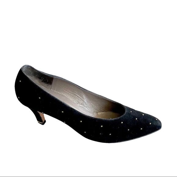 THOMAS WALLACE Vintage Suede Pointy Toe Pumps Heels Stud Detail Black 9 - Picture 5 of 15